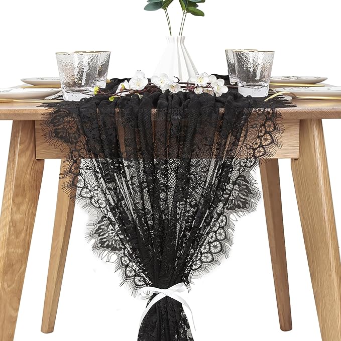 Black Lace Table Runner 2 Pcs 30x120 Inch Vintage Rustic Tabletop Dinner by LuoluoHouse