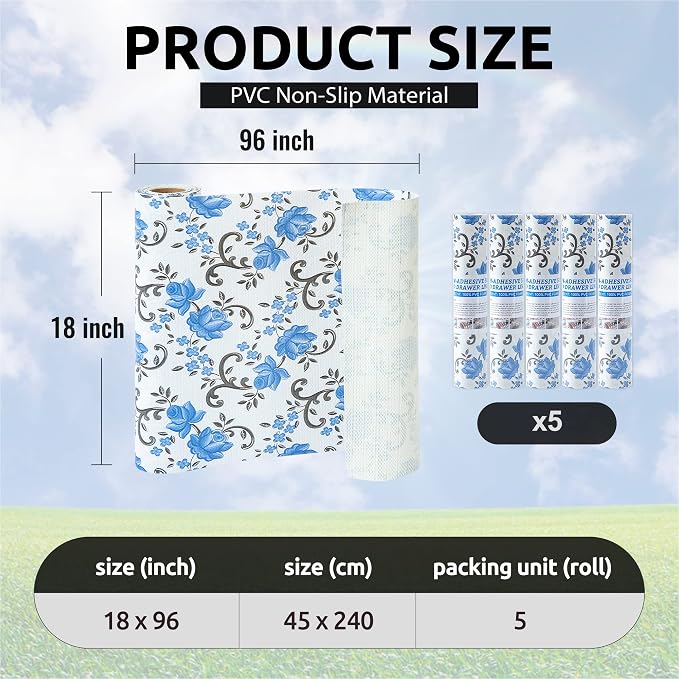 FIFTY FEET 18X96 Inch Shelf Liner for Kitchen Cabinets, PVC Drawer Liner for Dresser Non-Slip Bathroom, Non-Adhesive Cabinet Liner Washable (Blue Floral)(5 Roll) - Image 3