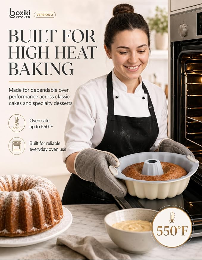 Boxiki Kitchen Ceramic Fluted Cake Pan, 12 x 10 x 3 Inches Nonstick Pound Cake Pan, Heavy Duty 0.6mm Aluminized Steel, KFCC Korean Ceramic Coating, Oven Safe to 550°F, PFAS-Free, Large Tube Cake Mold - Image 3
