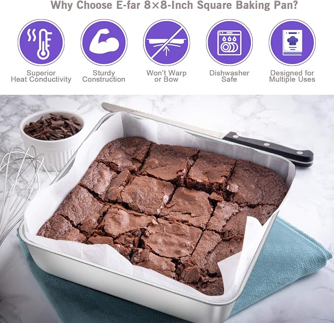 8 x 8-Inch Baking Pan, E-far Square Cake Brownie Baking Pans Stainless Steel Bakeware Set of 3, Fits in Small Toaster Oven, Non-toxic & Dishwasher Safe - Image 4