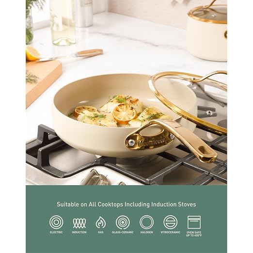 Bloomhouse Pots and Pans Set - 8 Piece Aluminum PFA Free Ceramic Non Stick Cookware Set - 2Time Oprah's Favorite Things Winner - Almond Cream w/Gold Handle - Image 7
