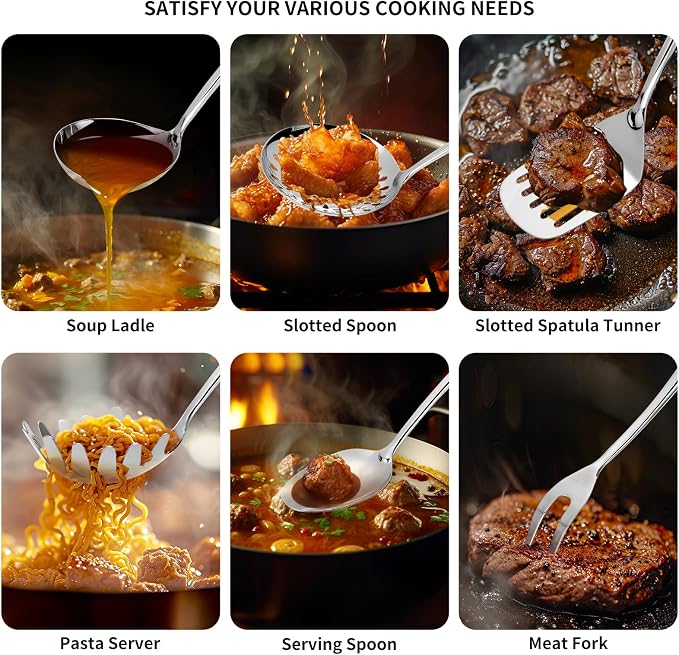 304 Stainless Steel Kitchen Utensils Set, 6 Pcs Long Metal Cooking Utensil with Spatula, Solid Spoon, Ladle, Skimmer, Spaghetti Spoon, Meat Fork, Dishwasher Safe - Image 6