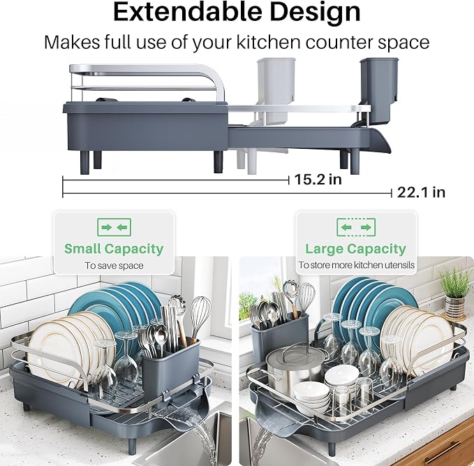 SNTD Expandable Dish Drying Rack for Kitchen Counter, 15.2-22.1 in, Gray - Image 2