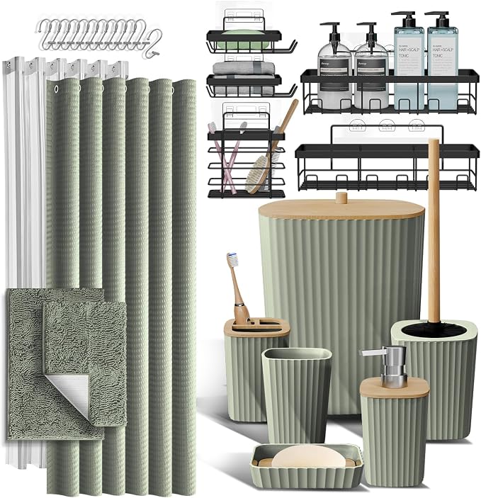 Clara Clark Bathroom Accessories Set - 27PC Bathroom Set with Adhesive Corner Shower Caddy Hanging, Bathroom Sets with Shower Curtain and Rugs, Sage Green Shower Curtain Set with Bathroom Trash Can by ClaraClark