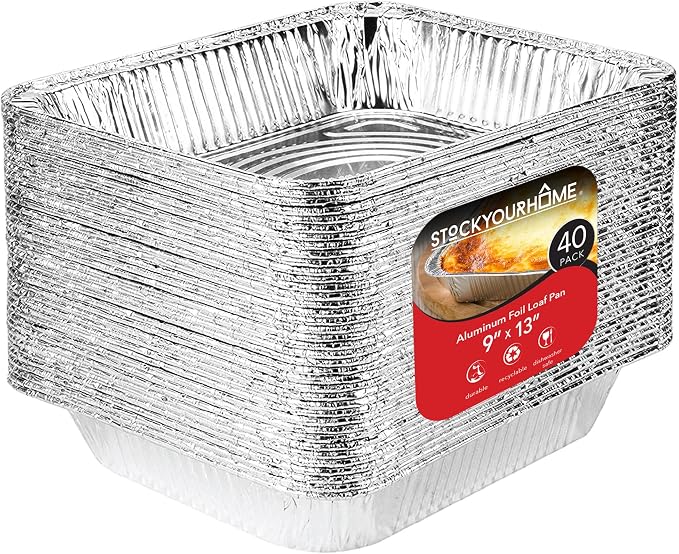 Stock Your Home 9x13 Aluminum Pans (40 Pack) - Disposable and Recyclable Foil Trays - Half Size Steam Table Deep Pans - Tin Foils for Cooking, Heating, Storing, Prepping Food by StockYourHome