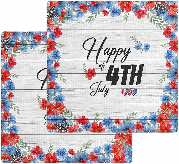 Independence Day Dish Towels Set, Waffle Weave Kitchen Towels 2 Pieces, USA Flag Flowers Leaves Grey Wood Grain Microfiber Hair Face Bath Tea Towel Absorbent Quick Drying Cleaning Dish Cloths, 12"x12" by Unknown