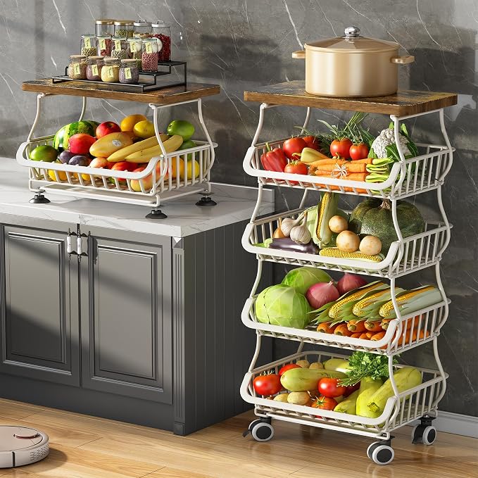 SAYZH 5-Tier Fruit and Vegetable Basket Stand for Kitchen, Wood Top, White | Stackable Vegetable Storage Baskets with Wheel, Metal Wire Storage Carts for Onion, Potato and Snacks by SNTD