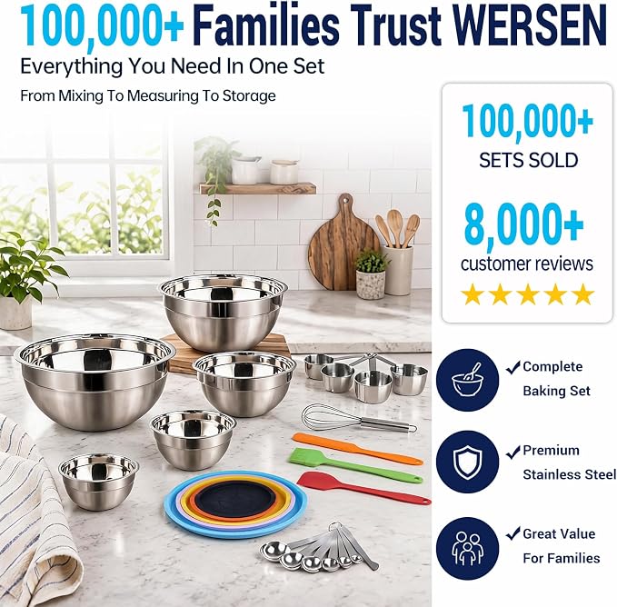 WEPSEN Mixing Bowls with Lid Set, 25PCS Kitchen Utensils Metal Bowl Stainless Steel Nesting Bowls, Measuring Cups and Spoons, Egg Whisk for Baking Prepping Cooking Serving Supplies - Image 2