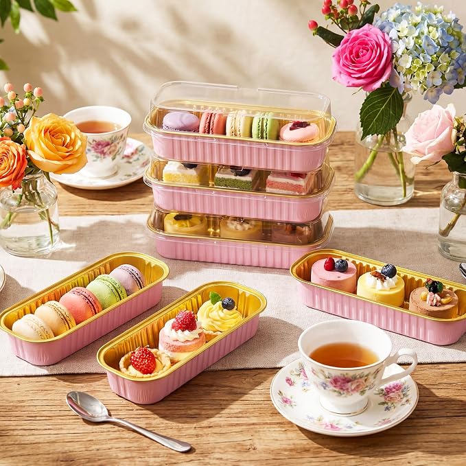 Qunclay 200 Pcs Aluminum Foil Mini Loaf Pans with Lids 6.8 oz Disposable Mini Cake Pan with Lid Rectangle Baking Cups for Party Muffin Cheesecake Ramekins(Pink, Gold) - Image 6