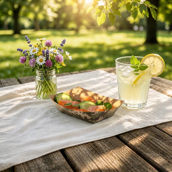 Restaurantware-Bio Tek 4 Ounce Paper Boats, 400 Disposable #25 Food Trays - PE Lining, Durable, Camouflage Print Paper Food Baskets, For Concession Stands, Picnics, or Fairs, Stackable - Image 4