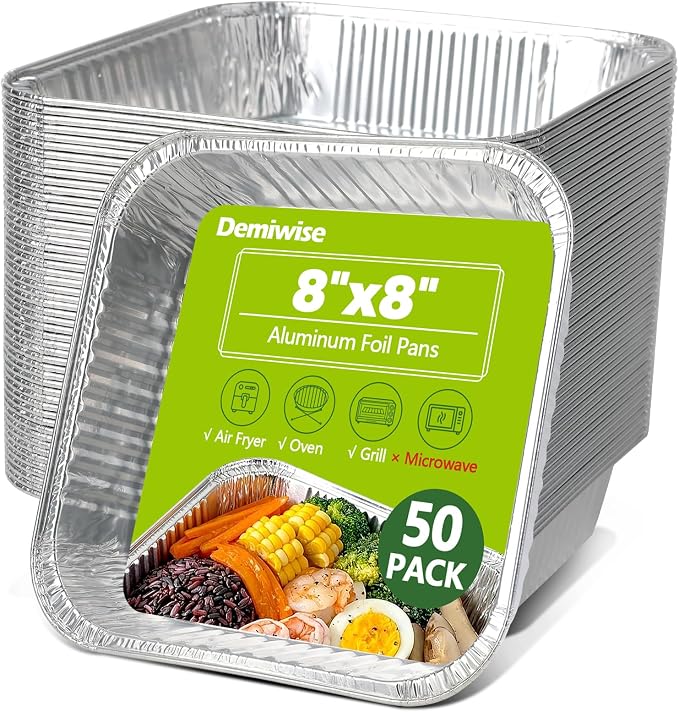Thickened 50 Pack Heavy Duty Aluminum Pans, 8x8 Small Disposable Aluminum Baking Pans, Square Tin Foil Roasting Tray for Cooking, Meal Prep, Catering, Events, Carton Packaging by Demiwise
