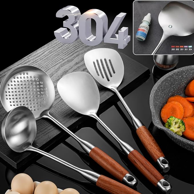 Stainless Steel Kitchen Cooking Utensils Set Wooden Handle 12 PCS | Metal Cooking Utensils Set-Spatulas,Ladle,Skimmer,Tunners,Spaghetti Spoon,Fork,Potato Masher,Egg Whisk,Tongs - Image 4