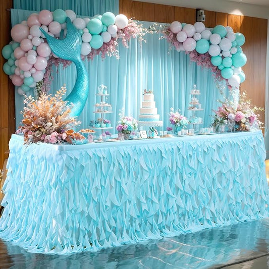 Partisky Aqua Blue Tulle Curly Willow Table Skirt for Rectangle Table 14ft, Ruffle Tutu Table Cloth for Boys Baby Shower,Birthday Party Candy Cake Tables by Partisky