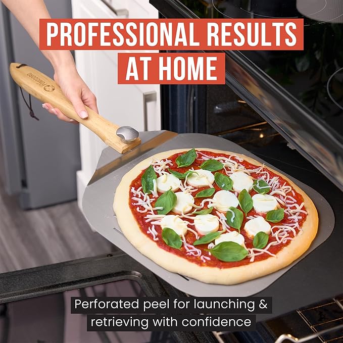 Chef Pomodoro Aluminum Perforated Pizza Peel 16 Inch with Foldable Handle | Perforated Pizza Peel 16 inch, Pizza Steel Perforated Design Prevents Sticking, Foldable Stainless Steel Pizza Peel Handle - Image 3