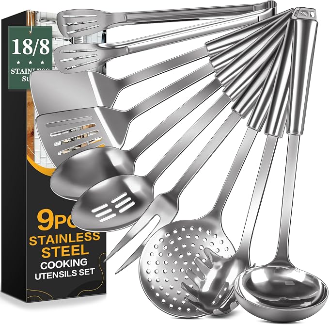 9 Pcs Cooking Utensils Set, 304 Stainless Steel Kitchen Utensils, Heat Resistant Metal Kitchen Tools Include Solid & Slotted Spatula, Serving Spoon, Ladle, Pasta Spoon, Fork, Tongs, Dishwasher Safe by Unknown
