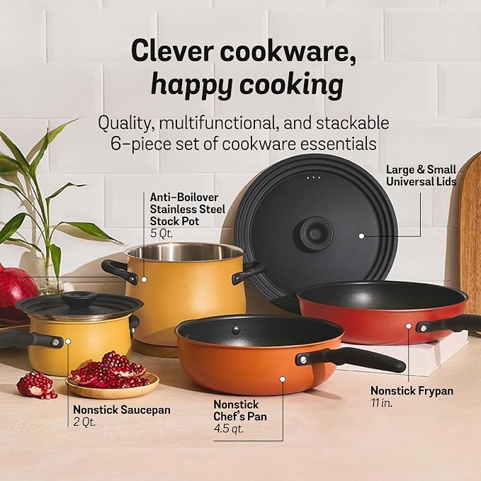 Meyer 6pc Stackable Set with Universal Lids | Hard Anodized Non Stick and Stainless Steel Pots and Pans | Induction Compatible | Dishwasher Safe | Oven Safe | Red, Orange, Yellow | Accent Cookware - Image 2