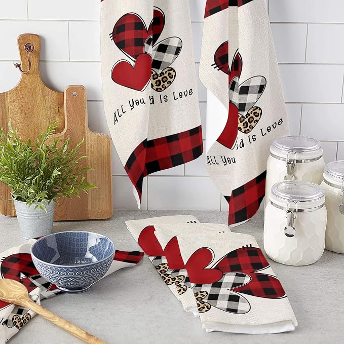 Kitchen Towels,Microfiber Cleaning Cloths, Valentine's Day Love Heart Red Black Buffalo Plaid Soft Dish Towels for Kitchen, 1 Piece Absorbent Reusable Dish Towels,Tea Towels,Bar Towels,18x28 Inch - Image 3