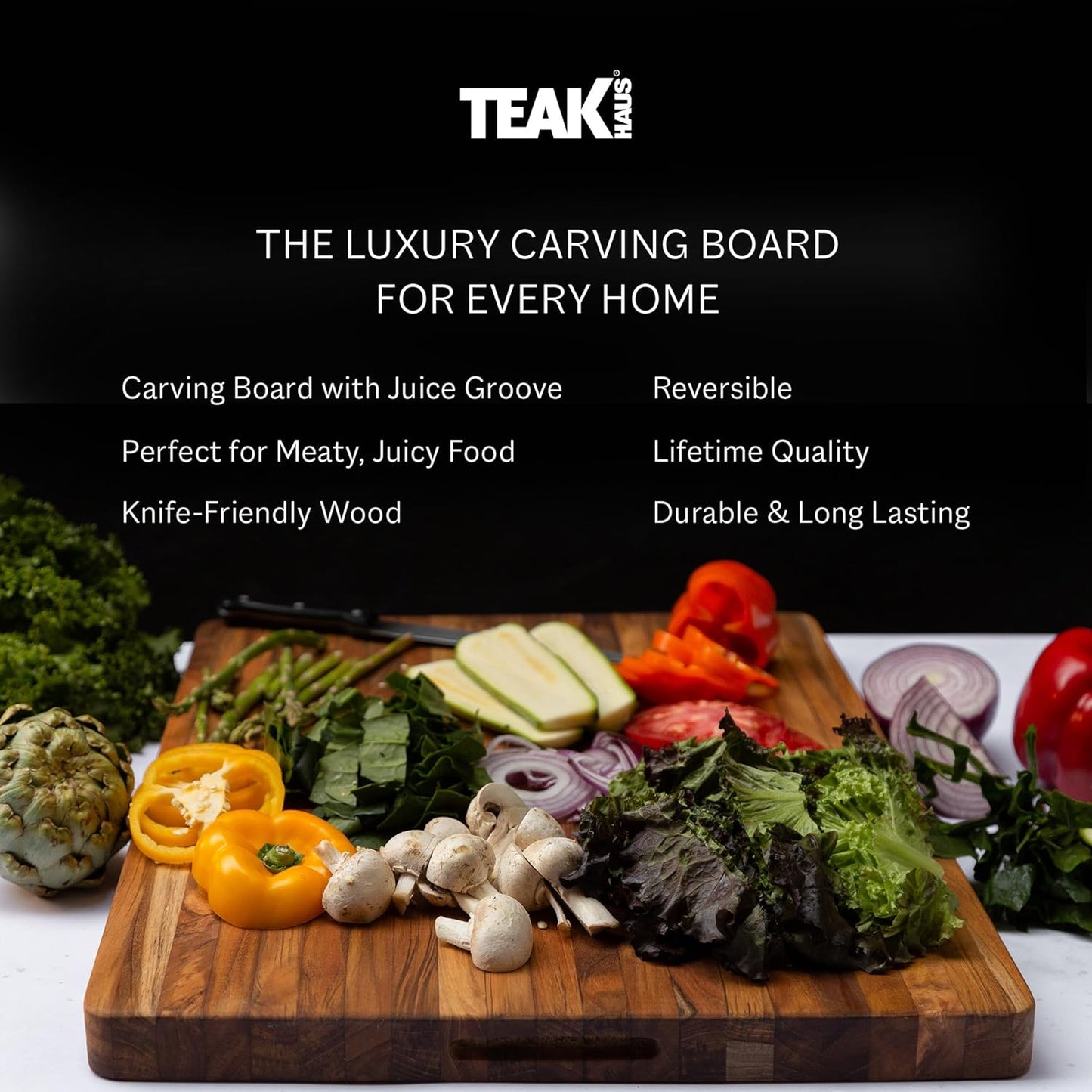 Teakhaus Cutting Board - Large (L) Wood Cutting Board with Grip Handles - Reversible Teak Edge Grain Wood - Knife Friendly - FSC Certified