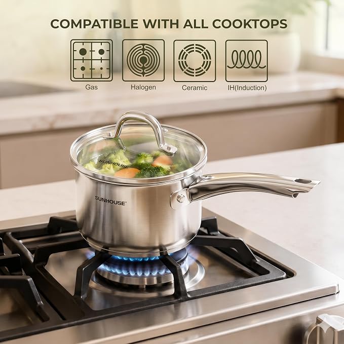 SUNHOUSE 3-Piece Stainless Steel Saucepan Set with Lids 1.5QT & 2QT & 3QT - Image 5
