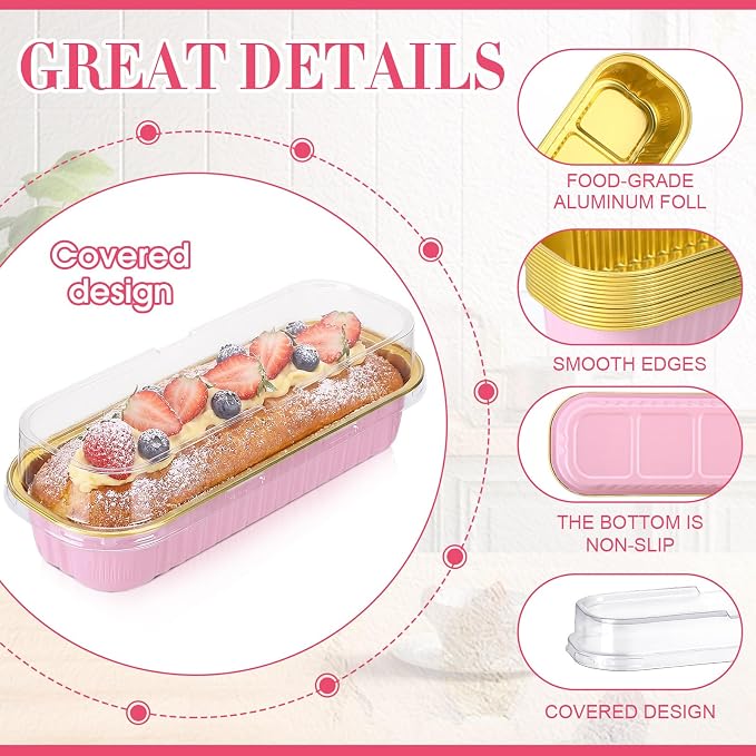 Qunclay 200 Pcs Aluminum Foil Mini Loaf Pans with Lids 6.8 oz Disposable Mini Cake Pan with Lid Rectangle Baking Cups for Party Muffin Cheesecake Ramekins(Pink, Gold) - Image 3