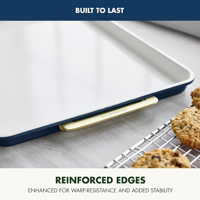GreenPan Bakeware 13"x18" Half Baking Sheet Pan, Ceramic Nonstick Baking Pan, PFAS & BPA Free, Gold Handles, Durable Steel, Versatile & Space Saving Ovenware, Freezer to Oven Dish, Oxford Blue - Image 5