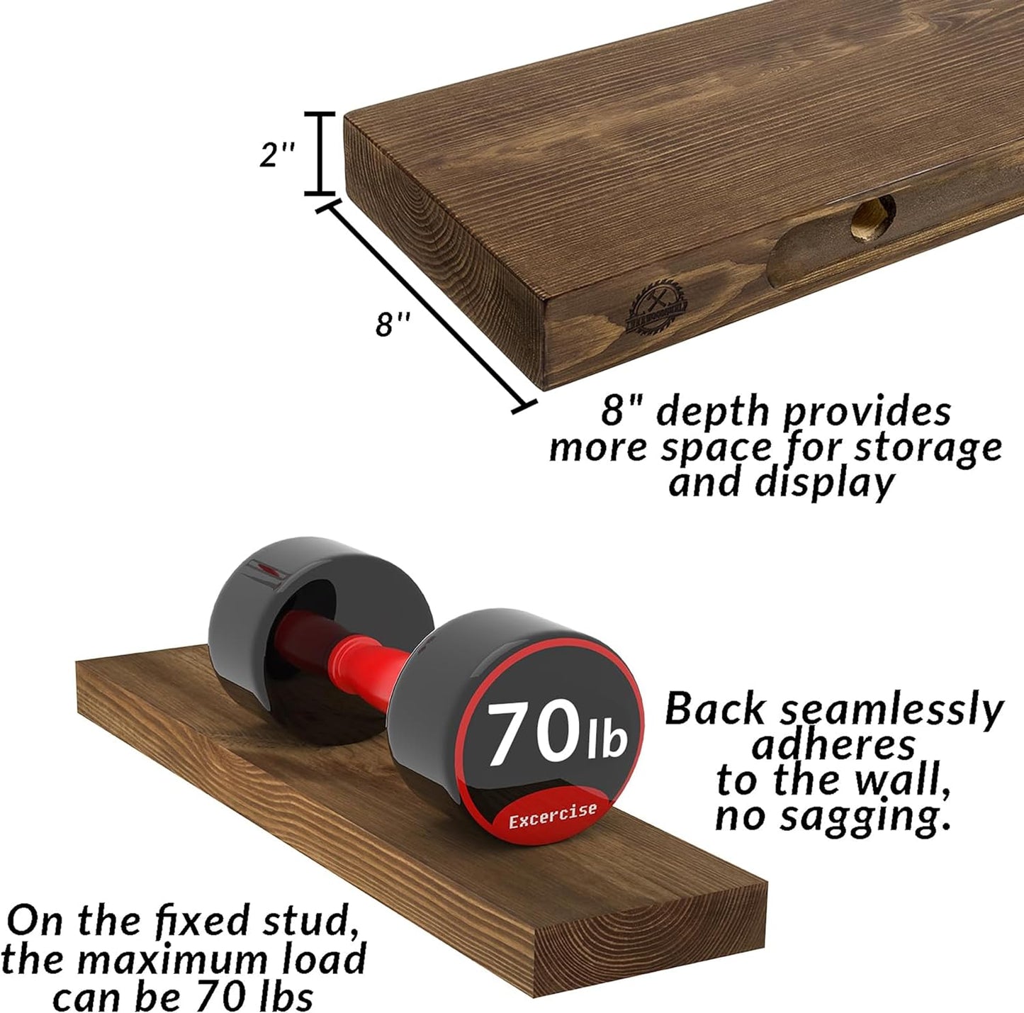 Rustic Floating Shelves 72 inch Long 8 "deep Set of 2, Heavy Duty Wood Wall Mounted Shelves for Bathroom Living Room Kitchen,Book Shelves with Thickened Hidden Bracket- Walnut