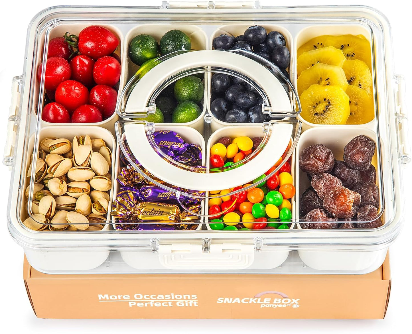 Snack Box Container,Divided Serving Tray with Lid and Handle, Snackle box Charcuterie for Portable Snack Platters - Clear Organizer for Candy,Fruits,Nuts,Snacks-for Party,Entertaining,Picnic