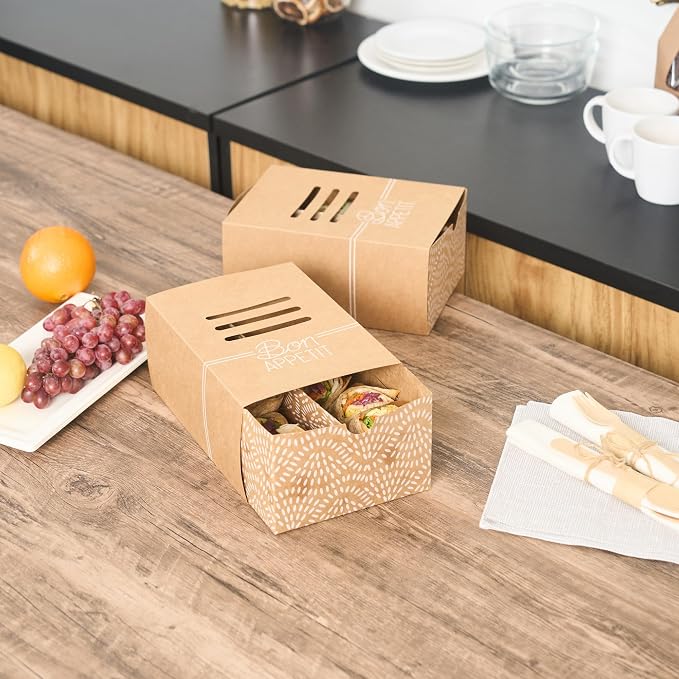 Restaurantware Take Out Food Containers 100 Count 8.3 x 5.7 x 3.7 Inches Paper Sandwich Boxes Disposable Food Packaging Box Design - Image 14