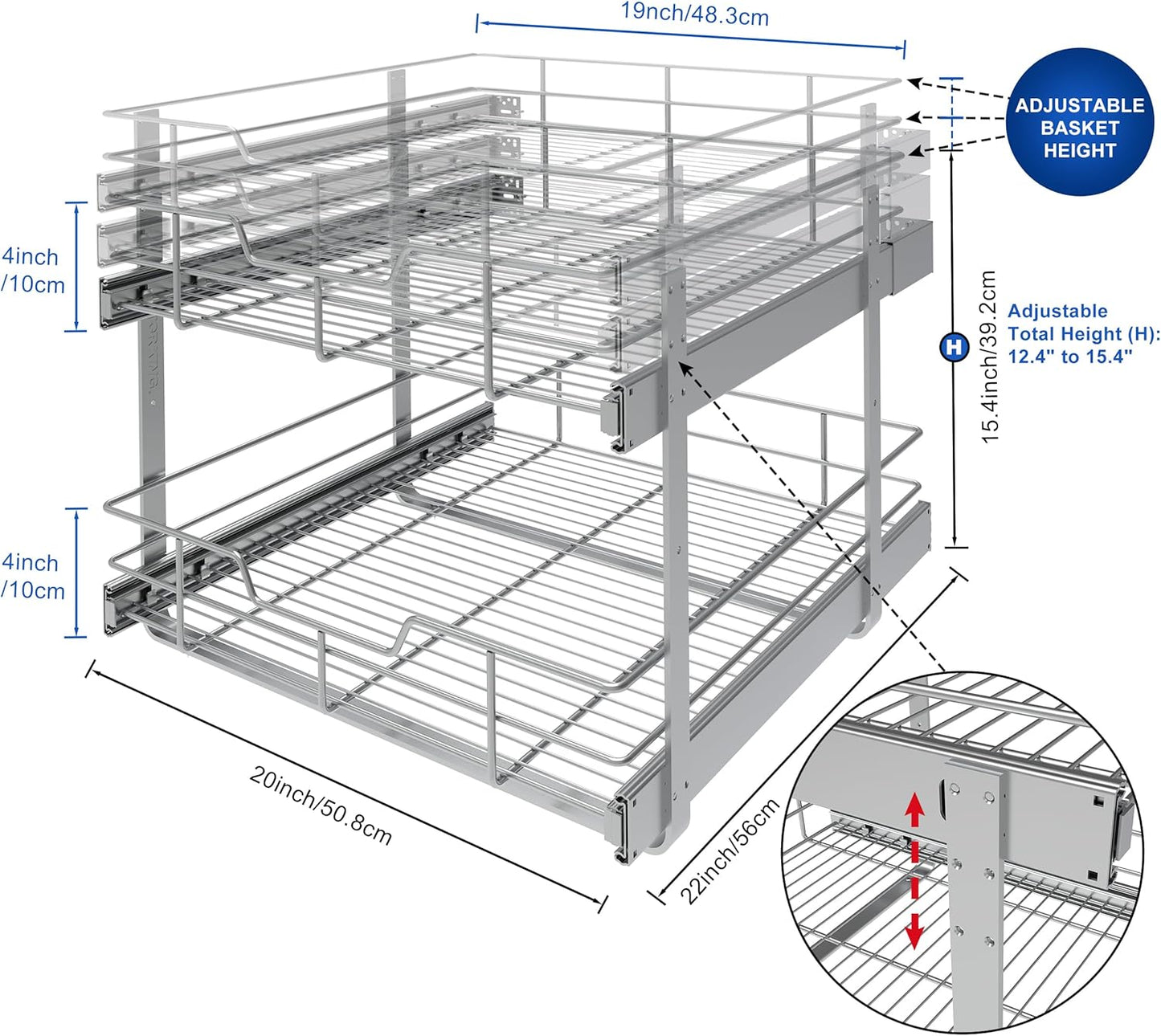 2 Tier Pull Out Cabinet Organizer 20" W X 22" D, Slide Out Drawers For Kitchen Cabinets, Pull Out Drawers For Cabinets Capacity Heavy Duty Caddy, Cabinet Pullout Shelves Chrome-Plated,Bathroom Pantry