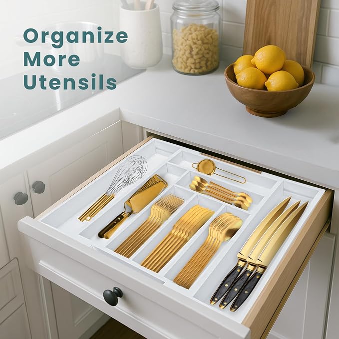 Sben Bamboo Cutlery Drawer Organizer, White, Large - Image 3