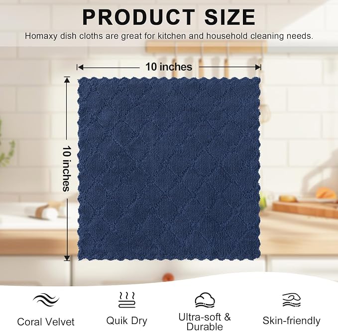 Homaxy Super Soft 16 Pack Coral Velvet Dish Cloths, 10" x 10", Navy Blue - Image 4