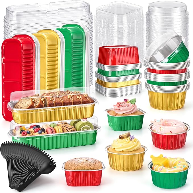 Blushtier 120 Set/240 Pcs Mini Loaf Pans Set with Lids and Spoons for Cake | 6.8, 5, 4.2 oz, Aluminum Foil, Disposable, Red Green Christmas Design, Ovens or Fridge Safe, Nice for Cakes, Puddings Baking by Blushtier