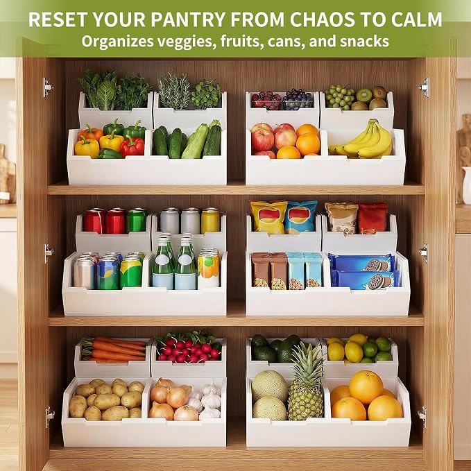 Bamboo Pantry Storage Bins Set, Potato and Onion Storage Bin for Countertop | Open Front Storage Bins, Large Capacity, Stackable Design, Cut-out Handles, FSC-certified Bamboo, No Assembly, White - Image 3