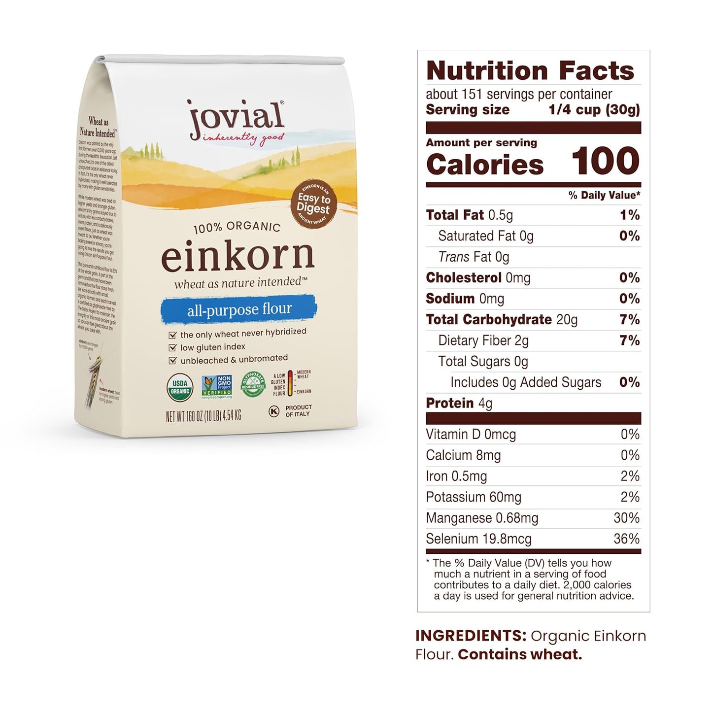 Jovial Organic Einkorn Unbleached All Purpose Flour - For Sourdough Bread Baking, High Protein, Non-GMO, Organic Pizza & Pasta Flour, European Italian, Glyphosate Free - 10 Lb, 2 Pack