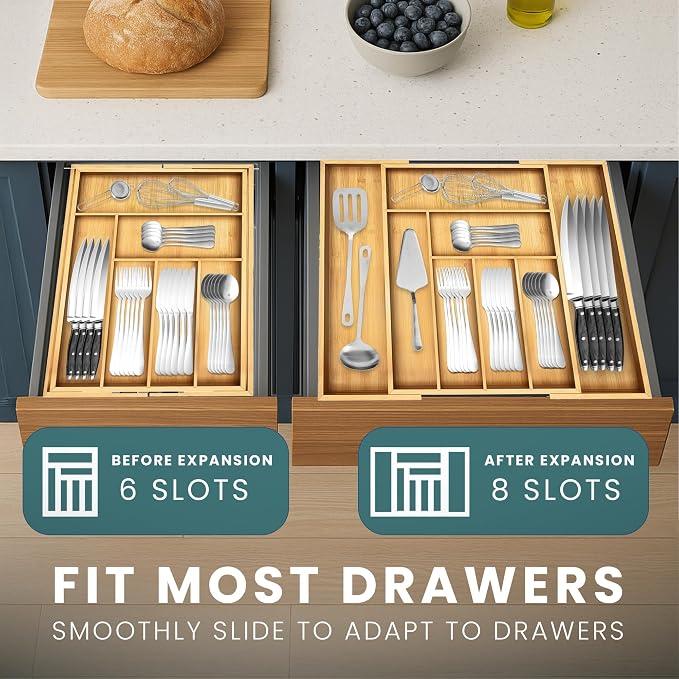 Sben Bamboo Cutlery Drawer Organizer, Expandable up to 19.7 Inch Silverware Drawer Organizer with 8 Compartments, Utensil Tray and Flatware Organizer for Kitchen Drawers (Bamboo, Large) - Image 8