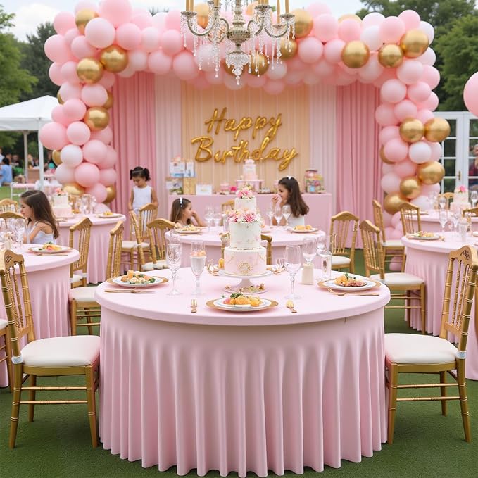 8 Pack Baby Pink Spandex Round Tablecloths for 72 inch Table, Wrinkle Free 132inch Stretchy Fitted 6FT Round Table Cloths Cover with Skirt for Wedding Party Dining Banquet Events - Image 4