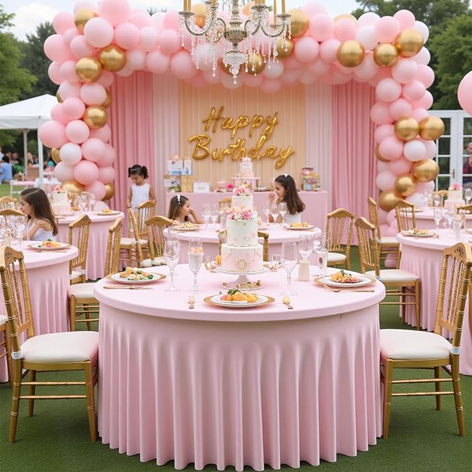 12 Pack Baby Pink Spandex Round Tablecloths for 60 inch Table, Wrinkle Free Stretchy 120inch Fitted 5FT Round Table Cloths Cover with Skirt for Wedding Party Dining Banquet Events - Image 8