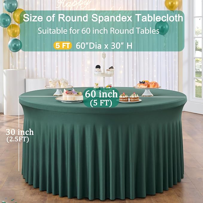 6 Pack Hunter Green Spandex Round Tablecloths for 60 Inch Tables, Stretchy 120 Inch Fitted 5FT Cloths, Wrinkle-Free Cover With Skirt for Wedding, Birthday, Party, Banquet, Graduation - Image 4