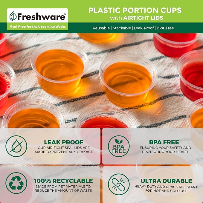 Freshware Plastic Portion Cups with Lids [1 Ounce, 200 Sets] Disposable Plastic Cups for Meal Prep, Salad Dressing, Jellos Shot Cups, Souffle Cups, Condiment and Dipping Sauce Cups - Image 6