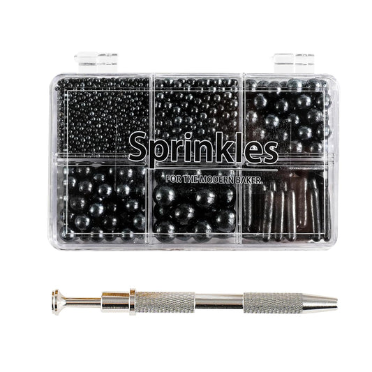 Kasvan Black Mix Sugar Sprinkles - Edible Candy Pearls with 4-Claw Sprinkle Pen,118g/4.16 Oz, Gift Box Pack, Baking Cake Decorations, Ice Cream Toppings and Cookie Decorating (Black)