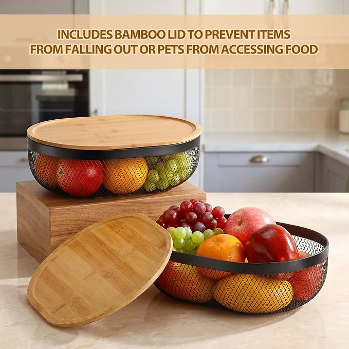 2 Pcs Oval Metal Mesh Storage Baskets with Tray Lids, Black Wire Organizer for Kitchen Countertop, Multi-functional Fruit and Bread Baskets for Home, Cabinet and Decorative Storage - Image 3