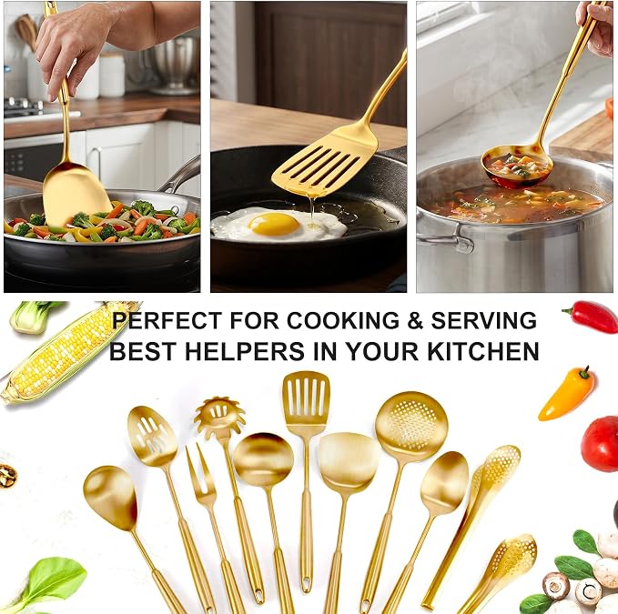 18/10 Gold Kitchen Utensils Set, 11 Pcs Long Stainless Steel Cooking Utensils Set, Metal Kitchen Utensils Set with Spatula, Spoon, Ladle, Skimmer, Dishwasher Safe - Image 6