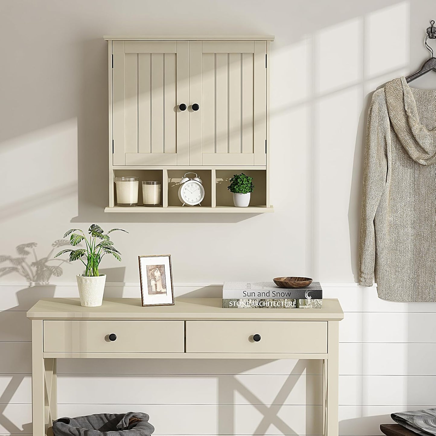 ChooChoo Bathroom Cabinet Wall Mounted 2-Door with 3 Open Shelves， Wooden Medicine Cabinets with Adjustable Shelf，Space Saver Storage Cabinets Over The Toilet for Bathroom&Living Room,Yellow