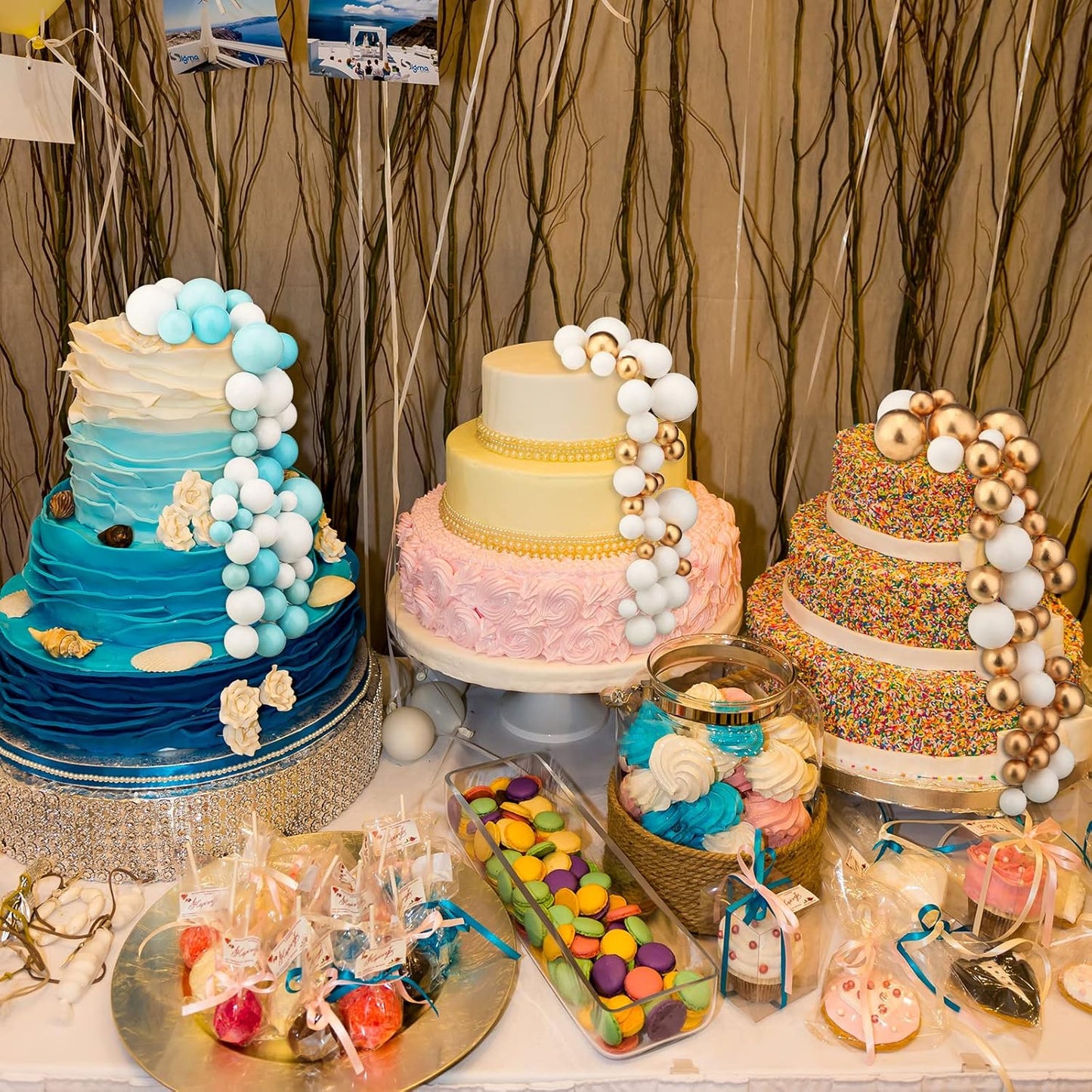 108 Pcs Balls Cake Topper DIY Cupcake Insert Foam Balloons for Cake Baking Wedding Anniversary Birthday Decoration(Blue, White, Gold,Multi Sizes)