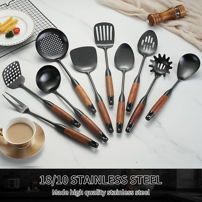 Izurok18/10 Stainless Steel Kitchen Utensils Set,10 Piece Cooking Utensils With Wood Handle,Heat Resistant Kitchen Tool Set With Spatula,Spoon,Ladle,Skimmer,Slotted Turners,Pasta,Turner,Ladl,Fork - Image 3