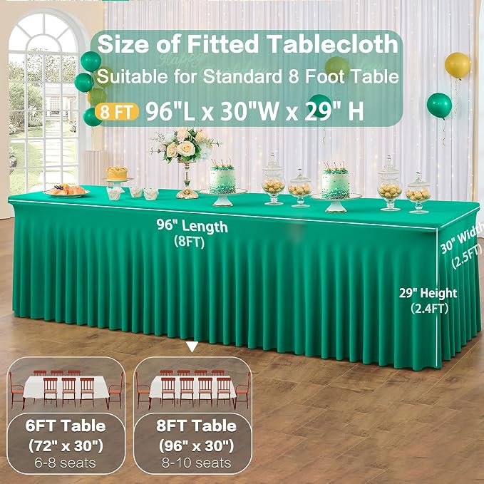 3 Pack Emerald Green Spandex Tablecloth for 8 Foot Rectangle Tables, Wrinkle Free Fitted Table Cloth Cover 8ft Green Stretchy Tablecloths with Skirt for Parties Weddings Birthday Banquet Baby Shower - Image 5