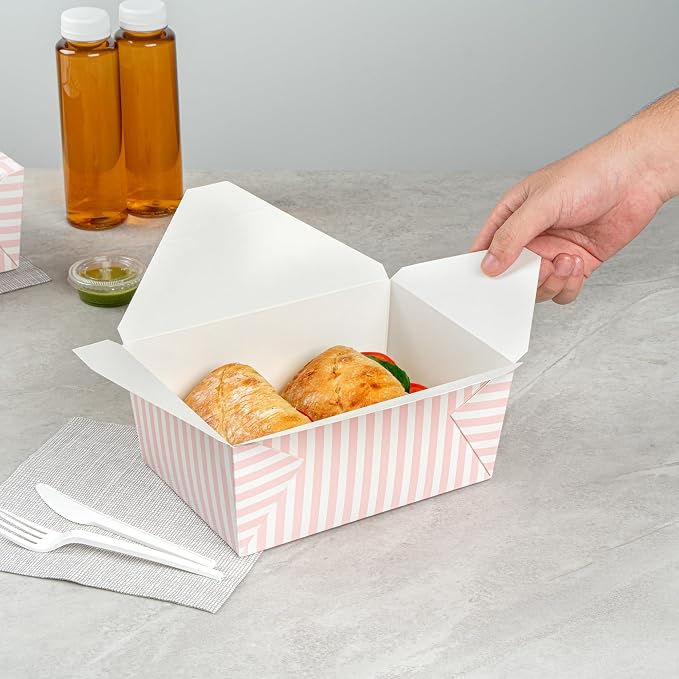 Restaurantware-Bio Tek 8.5 x 6.2 x 3.5 Inch Food Containers, 200 Durable Takeaway Boxes - Disposable, Striped, Pink And White Paper 98 Ounce Takeout Boxes, Rectangle, For Takeouts And Delivery - Image 5