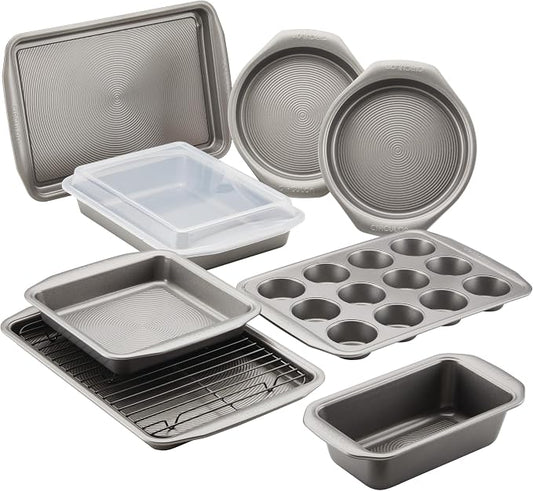 Circulon Nonstick Heavy Gauge Steel Bakeware Set with Rolled Pan Edges Loaf Pan, Cookie Pan, Baking Pans, Cake Pans, Muffin Pan and Cooling Rack (10-Piece, Gray) by Circulon
