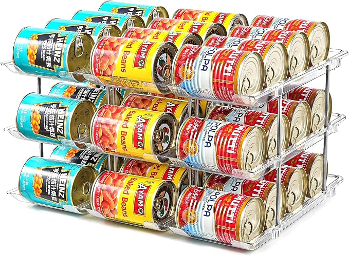 Can Organizer for Pantry, Stacking Can Storage Organizer Hold 36 Cans | Automatic Rolling Can Rack for Fridge, 3Tire 3 Columns Can Holder, Canned Goods Organizer by Amllas