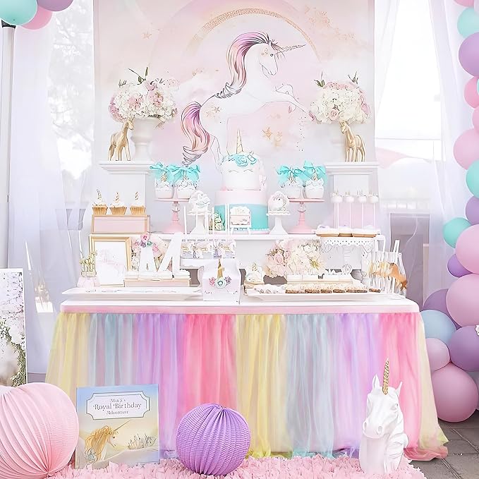 108in Rainbow Tulle Table Skirts for Rectangle Tables 6/8/4ft, 2-Layer Pastel Color Unicorn Ruffle Tulle Tutu Cloth Table Skirt 9ft for Girl Birthday Party Baby Shower Cake Dessert(No Table Cover) - Image 6